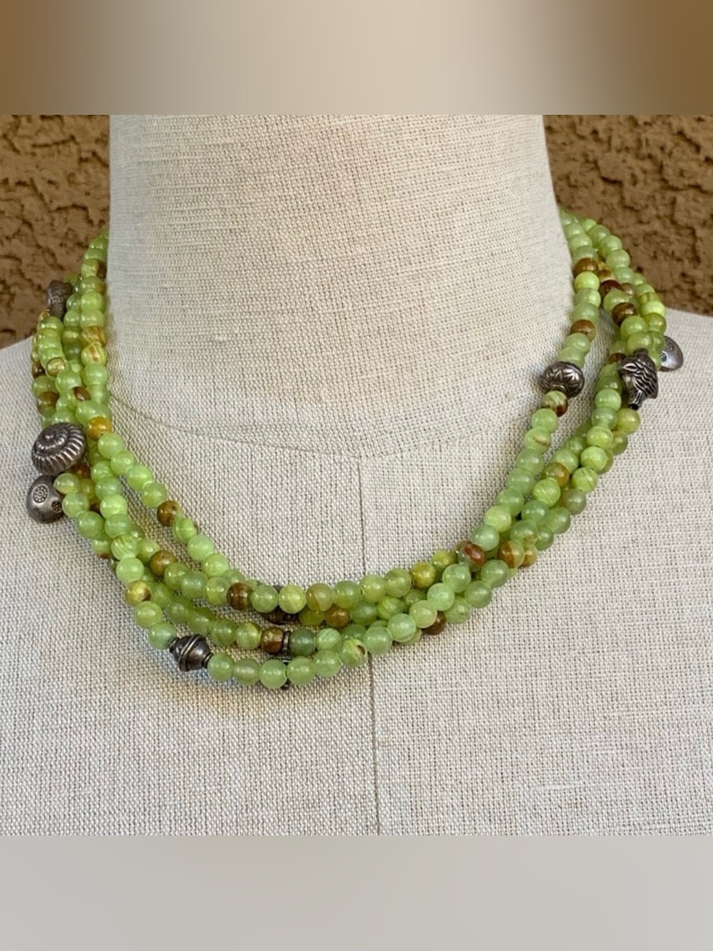 Multi-Strand Light Green Jade Beaded Necklace with Sterling Silver Charms